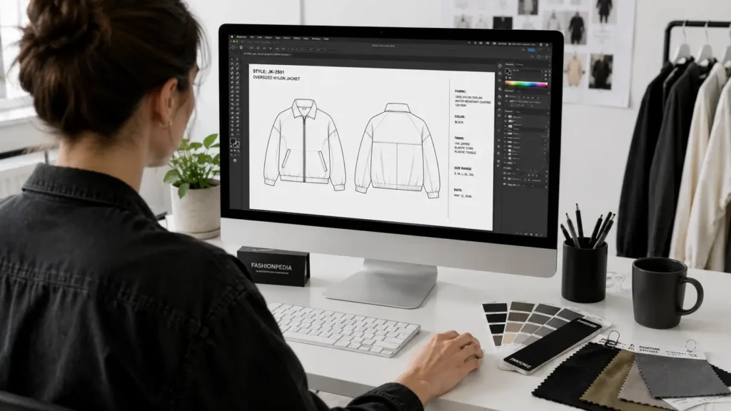 Fashion designer creating a clothing tech pack for beginners in Adobe Illustrator