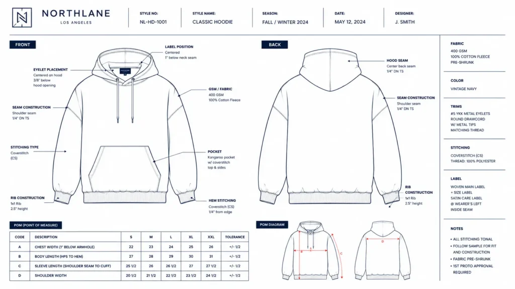Hoodie tech pack template with GSM, POM, and stitching callouts for factory production