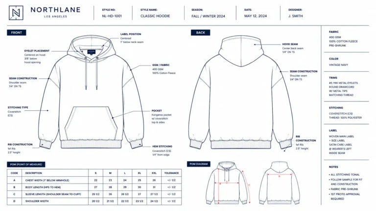 Hoodie tech pack template with GSM, POM, and stitching callouts for factory production