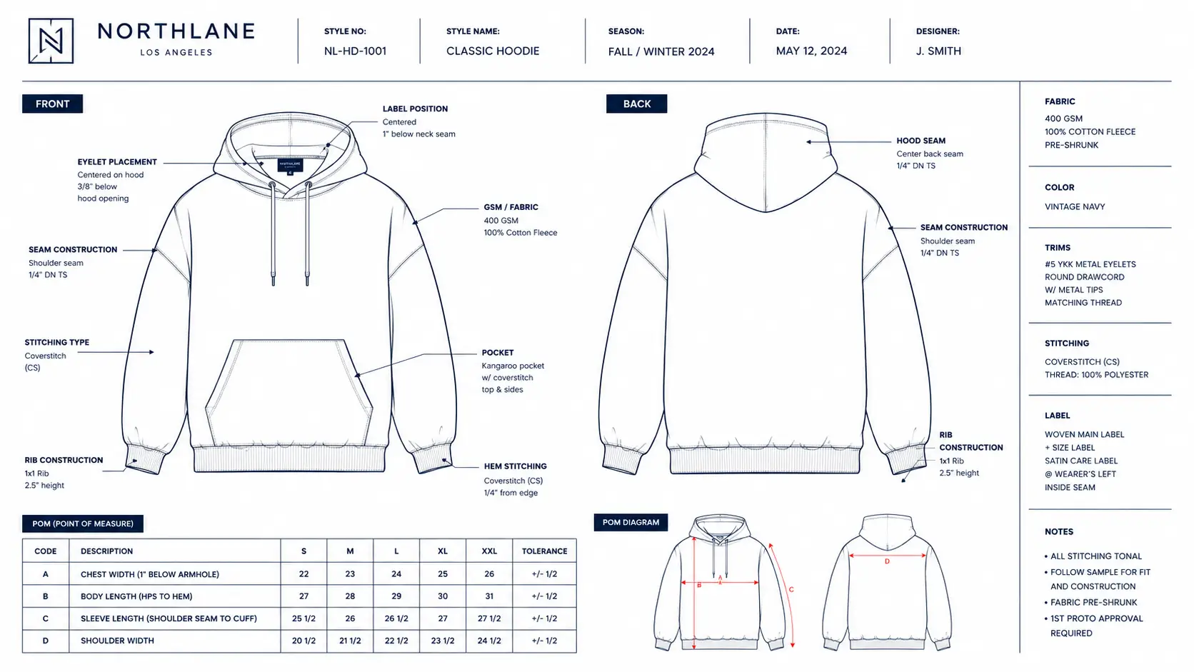 Hoodie tech pack template with GSM, POM, and stitching callouts for factory production