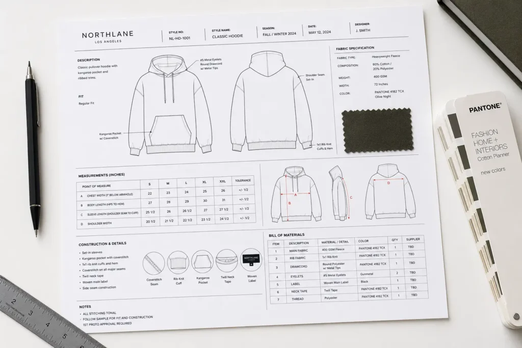 A full-page spread preview of a completed tech pack with all sections visible