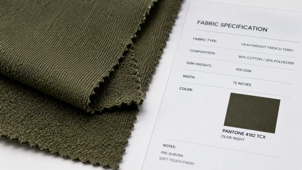 A screenshot or preview snippet of a tech pack's BOM (Bill of Materials) section with fabric and trim entries