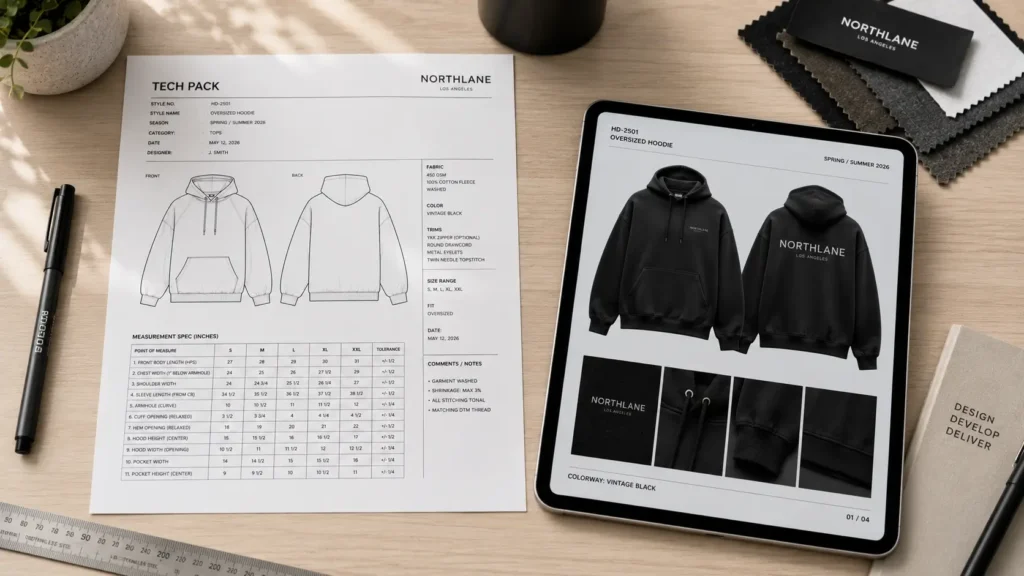 Streetwear mockup and tech pack template used together for garment manufacturing workflow
