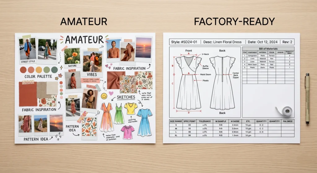 Amateur fashion mood board versus factory-ready tech pack for garment manufacturing