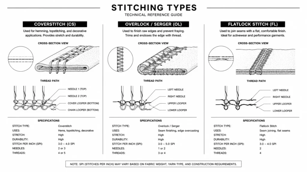 An illustration or diagram showing coverstitch vs. overlock stitch placement on a hoodie cross-section