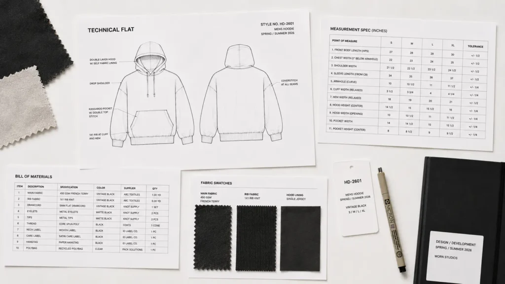 Fashion tech pack example showing flat sketches, bill of materials, and spec sheet sections