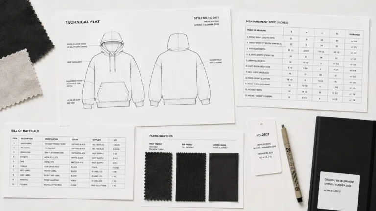 Fashion tech pack example showing flat sketches, bill of materials, and spec sheet sections