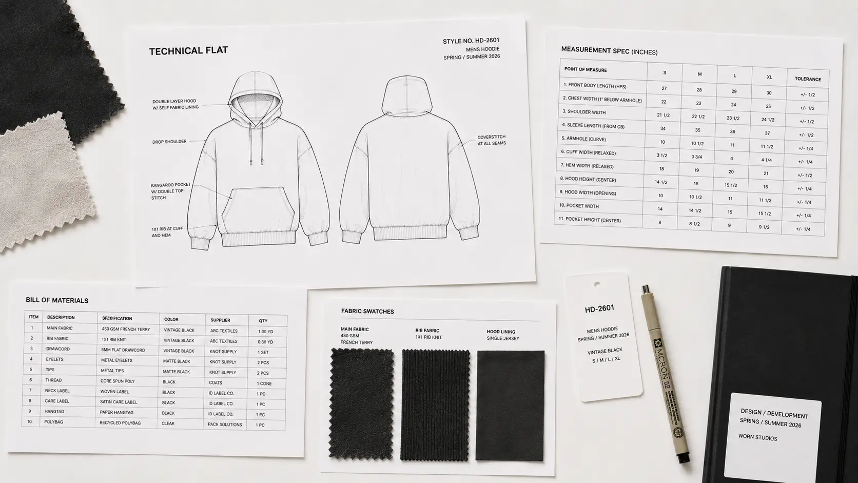 Fashion tech pack example showing flat sketches, bill of materials, and spec sheet sections