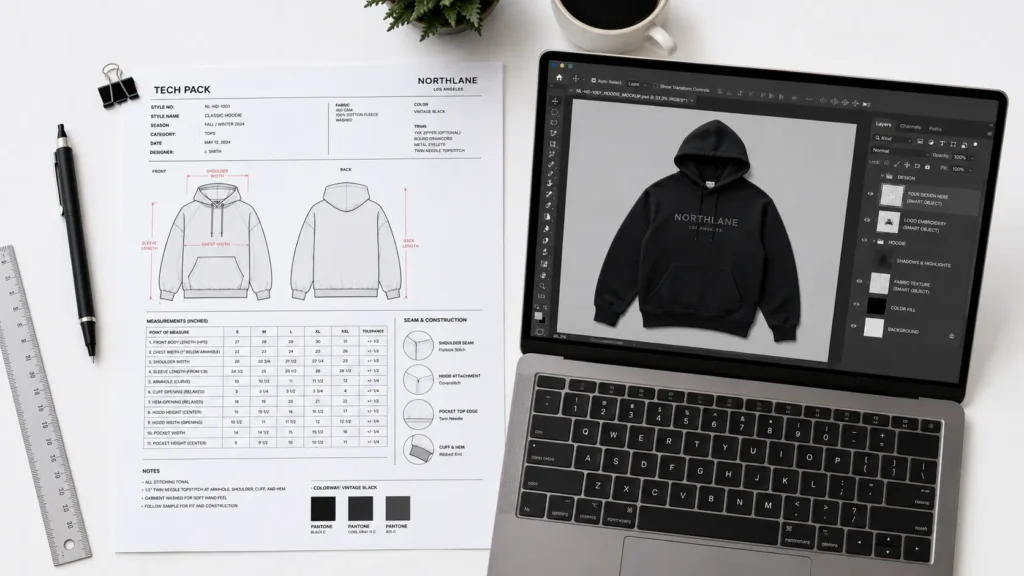 Factory-ready clothing mockup with tech pack annotations showing seam placement and garment proportions for manufacturer