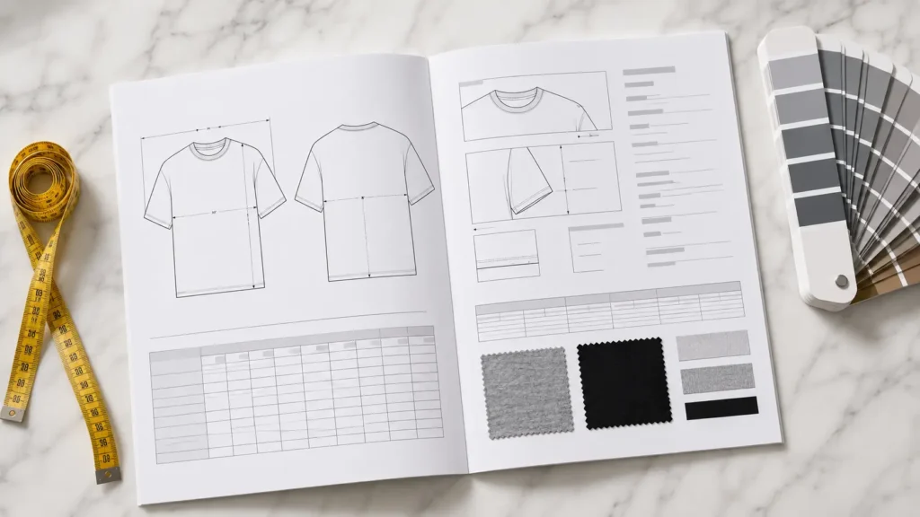 Branded tech pack on desk with fabric swatches and tape measure