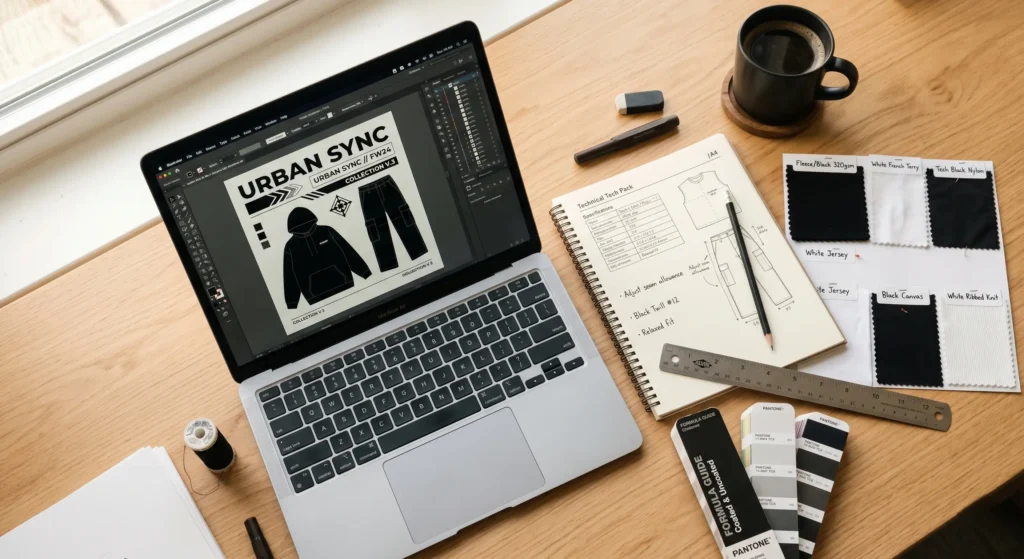 Clothing brand production workspace with streetwear tech pack and Illustrator templates open