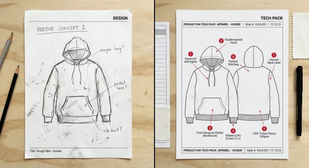 Example of how factories read tech packs compared to amateur fashion design sketches