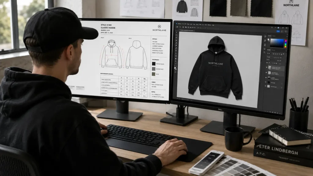 Fashion designer reviewing factory-ready clothing mockup PSD for tech pack submission to manufacturer