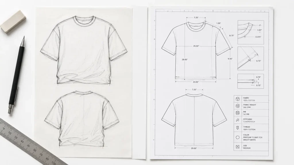 Fashion sketch vs completed factory spec sheet side-by-side