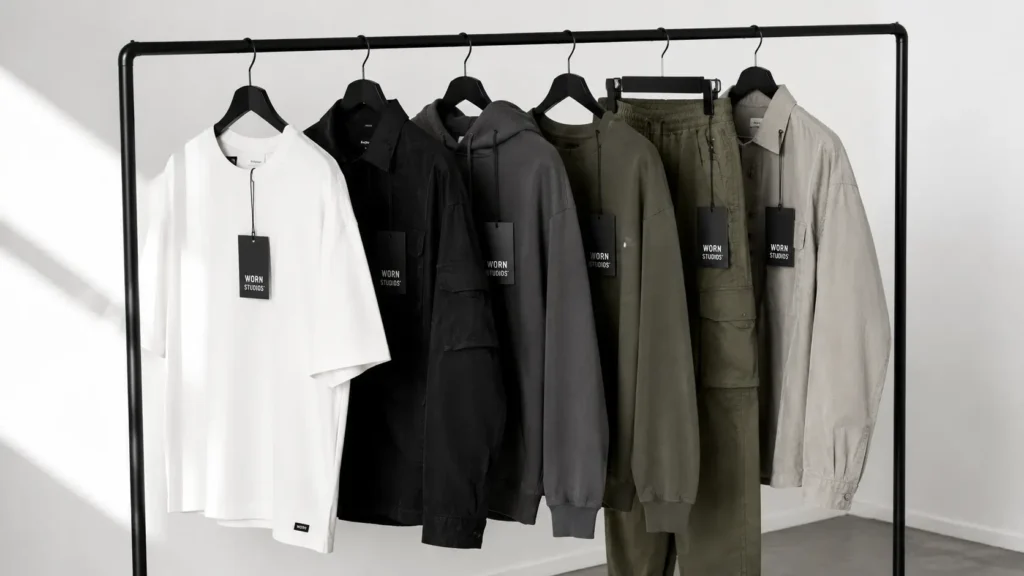 Finished clothing collection on a rack with branded hangtags in clean studio