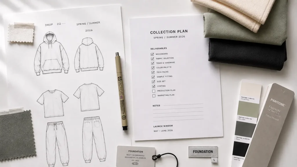 Clothing brand launch checklist with design sketches and fabric swatches