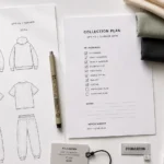 Flat lay of a brand launch checklist with design sketches and fabric swatches