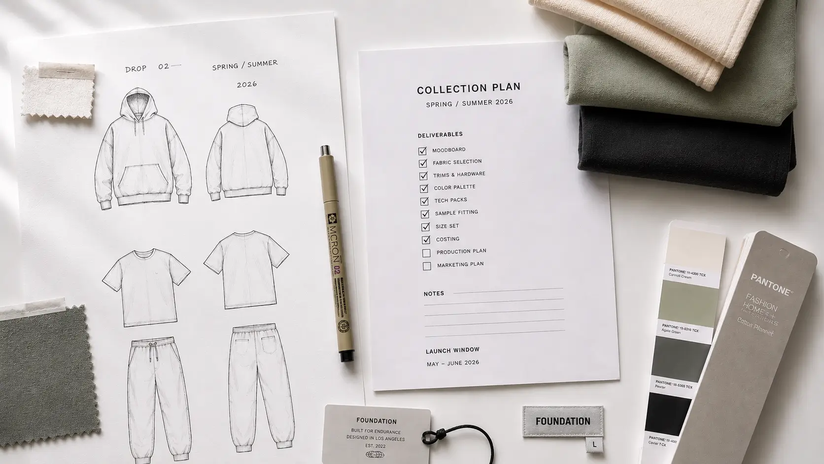 Flat lay of a brand launch checklist with design sketches and fabric swatches