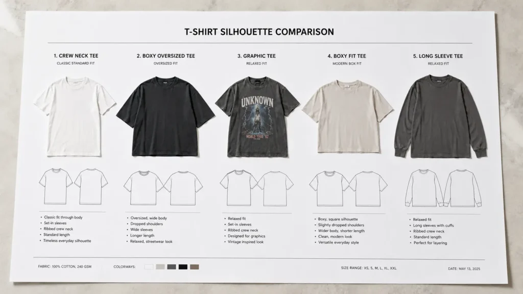 Flat lay of all 5 t-shirt silhouettes side by side