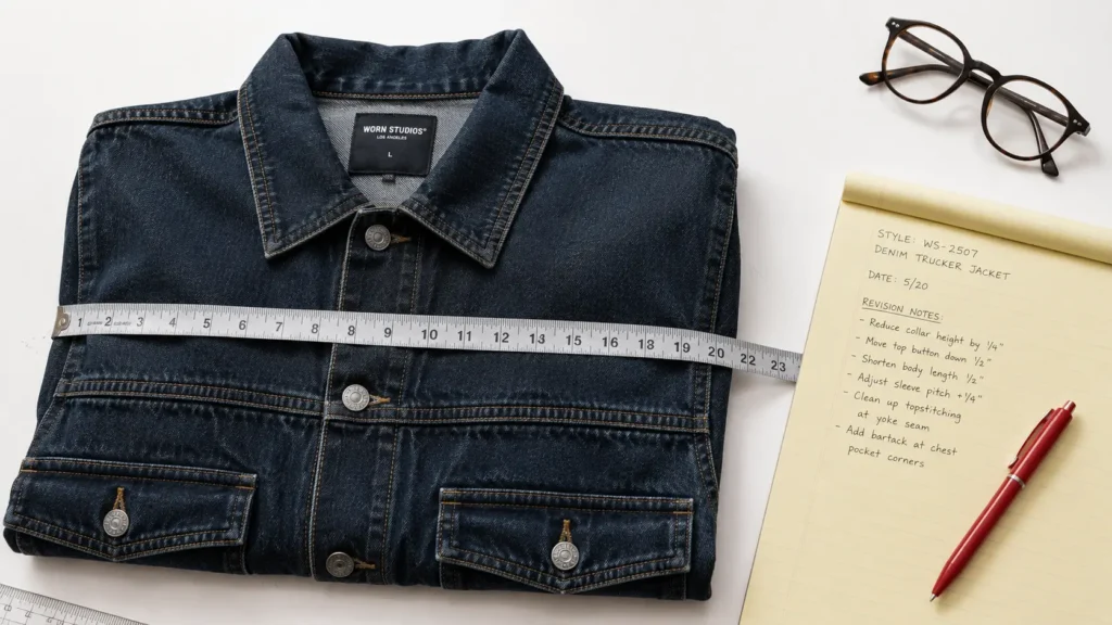 Garment sample laid flat with measuring tape and handwritten revision notes