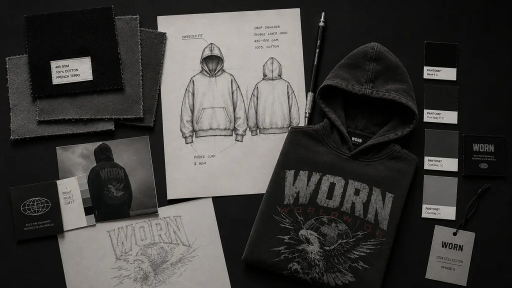 How to start a streetwear brand mood board showing fabric swatches, sketches, and finished apparel