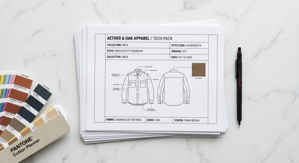 Organized stack of professional factory-ready fashion tech pack templates for clothing production