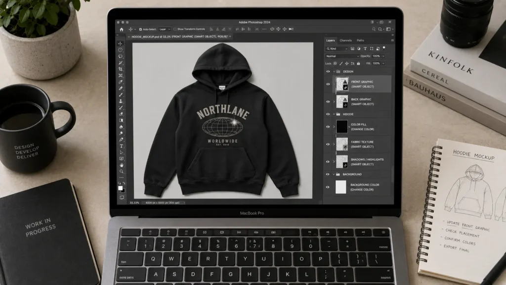 Premium clothing mockup PSD file with Smart Object layers in Photoshop vs free PNG mockup resolution comparison