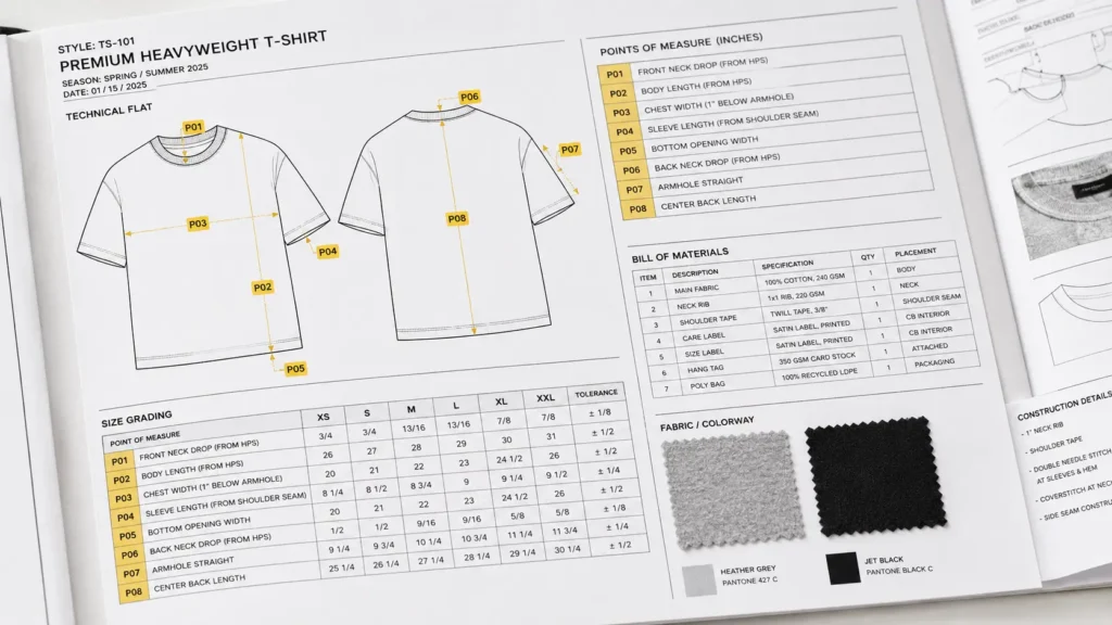 Premium t-shirt tech pack template with POM callouts and grading table highlighted