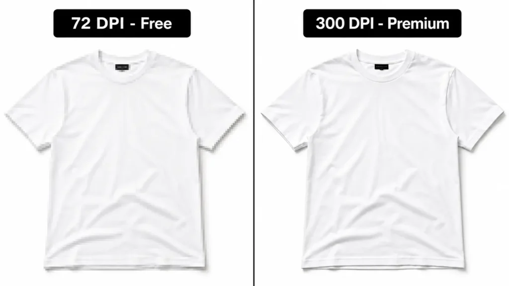 Comparison of free vs paid clothing mockups showing resolution and quality differences for clothing brands