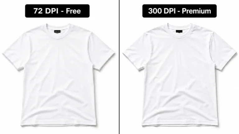 Comparison of free vs paid clothing mockups showing resolution and quality differences for clothing brands