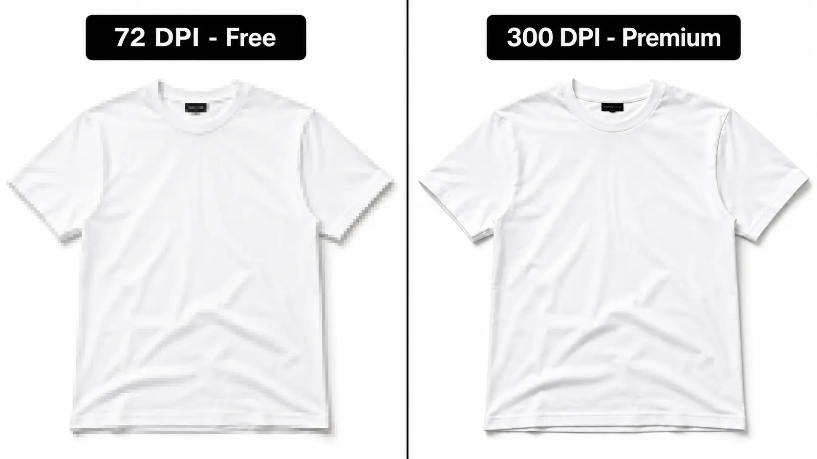 Comparison of free vs paid clothing mockups showing resolution and quality differences for clothing brands