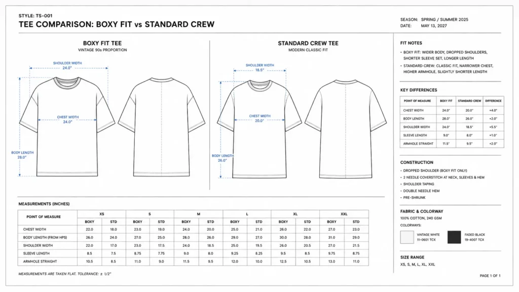 Side-by-side comparison boxy fit vs crew neck with measurement callouts