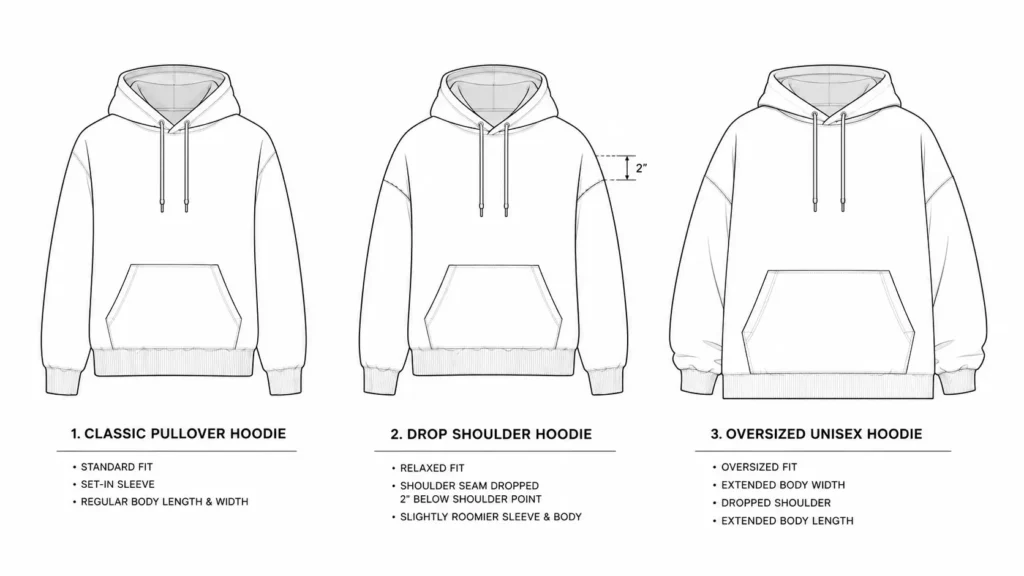 Side-by-side silhouette illustrations of pullover, drop shoulder, and oversized hoodie profiles