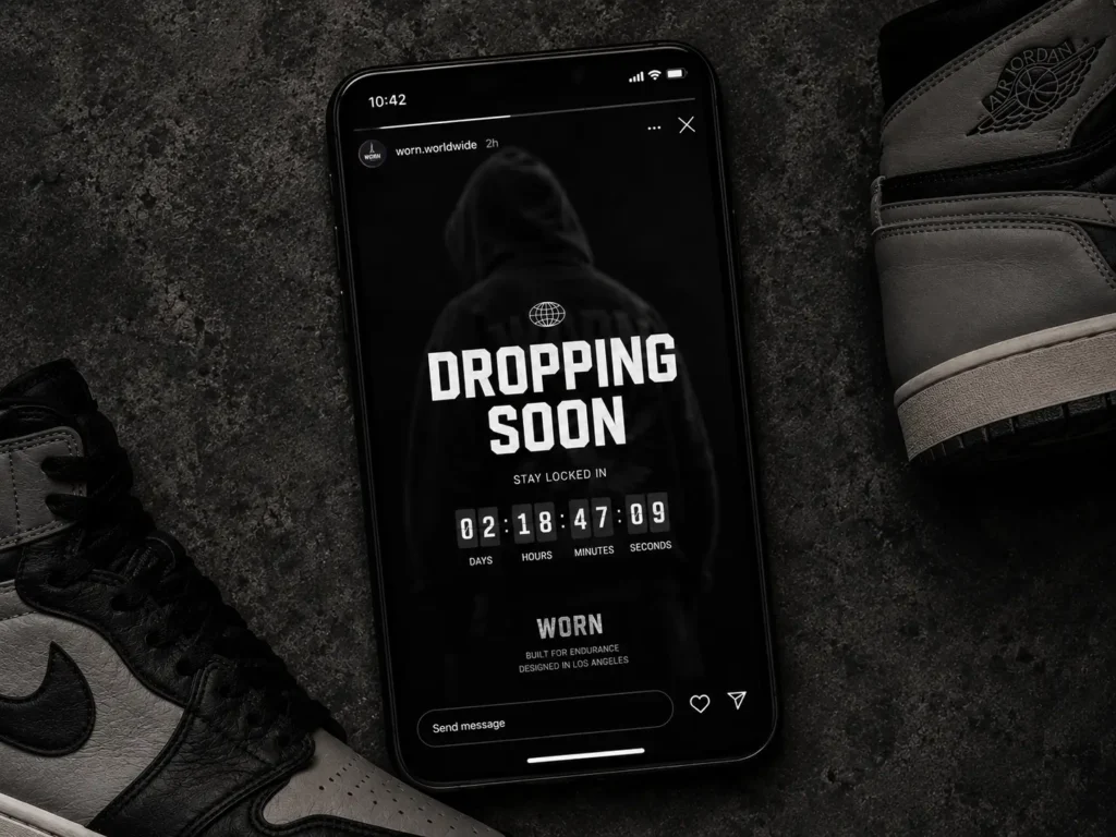 Streetwear brand drop model marketing using clothing mockup teasers on Instagram before launch