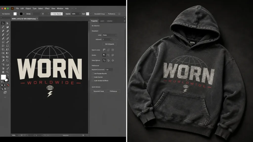 Streetwear clothing mockup showing design file on left and finished realistic hoodie visual on right