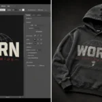 Streetwear clothing mockup showing design file on left and finished realistic hoodie visual on right