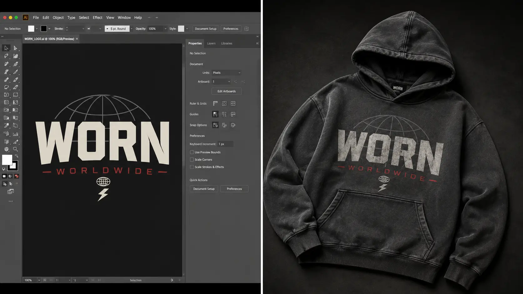 Streetwear clothing mockup showing design file on left and finished realistic hoodie visual on right