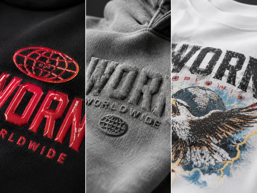 Streetwear print method comparison showing screen print plastisol, puff print, and DTG on fabric