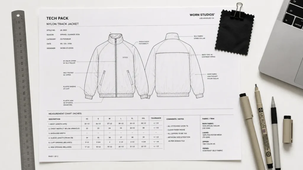 Tech pack template preview showing front-back technical sketch and spec sheet