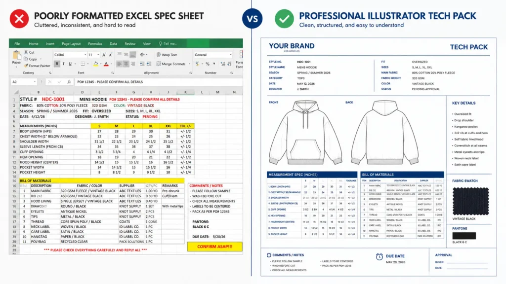 Clothing tech pack template vs DIY spreadsheet comparison for fashion beginners