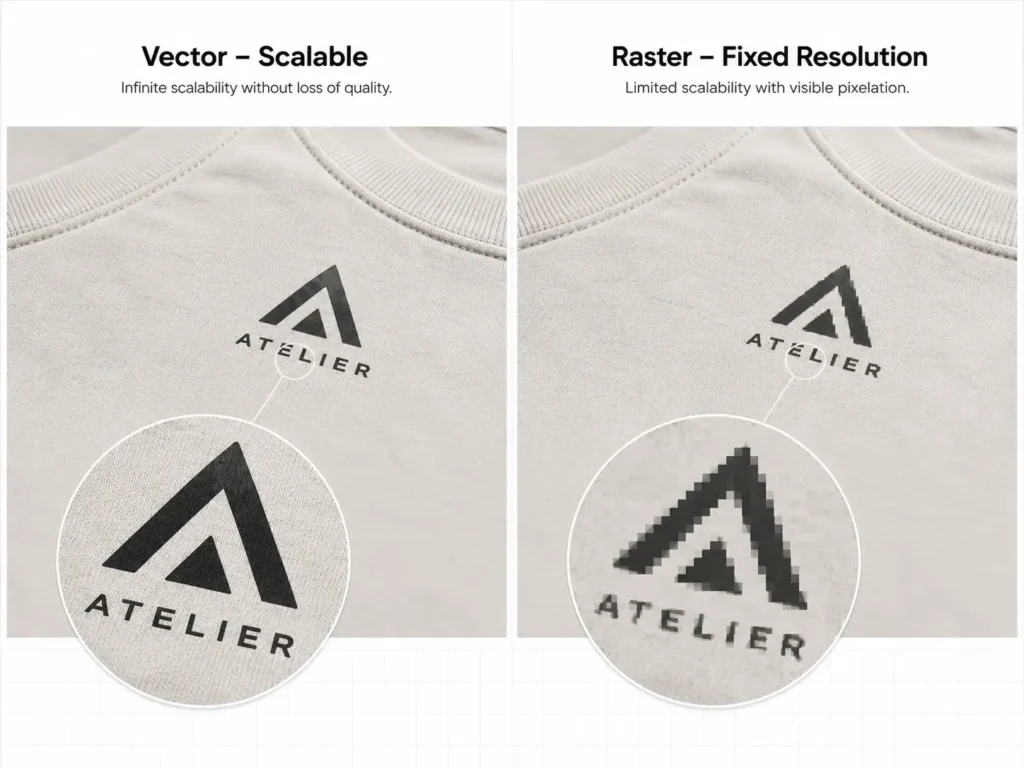 Adobe Illustrator for fashion brands showing scalable vector file vs pixelated raster PNG for clothing production