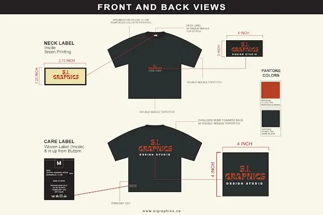Flat-lay of a tech pack document and a clothing mockup
