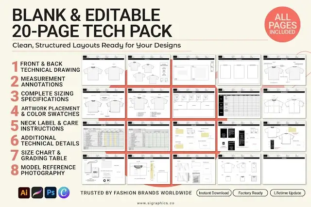 Fashion tech pack template and clothing mockup bundle for clothing brands