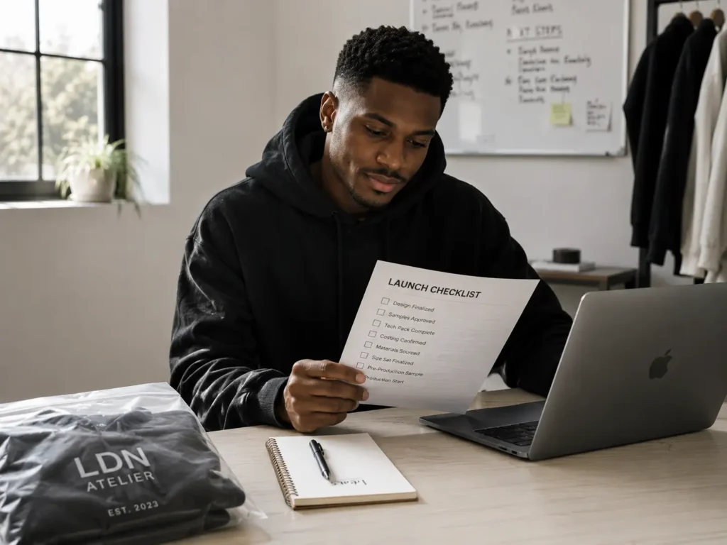 Aspiring clothing brand founder reviewing startup costs checklist for launching a streetwear brand in 2026