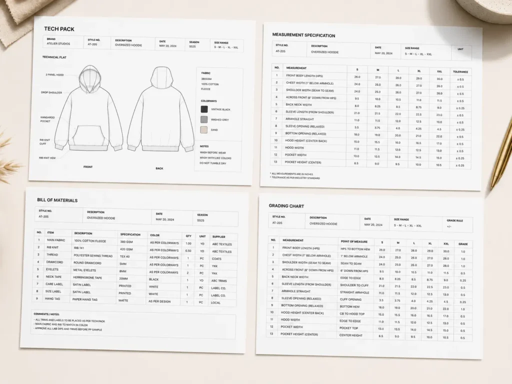Complete clothing manufacturer documentation tech pack showing BOM, measurement spec sheet, and flat sketches for overseas factory