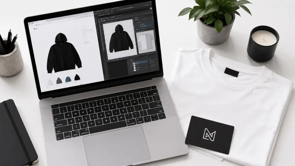Entrepreneur using clothing mockups for Shopify store pre-order launch without inventory