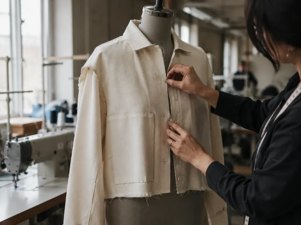 Clothing brand prototype sample being fitted and tested at a factory before custom fabric and production begins