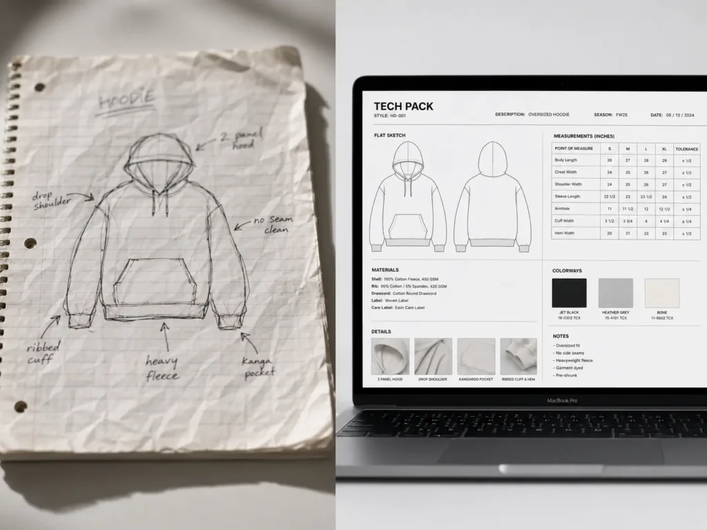 Fashion tech pack template vs hand-drawn sketch