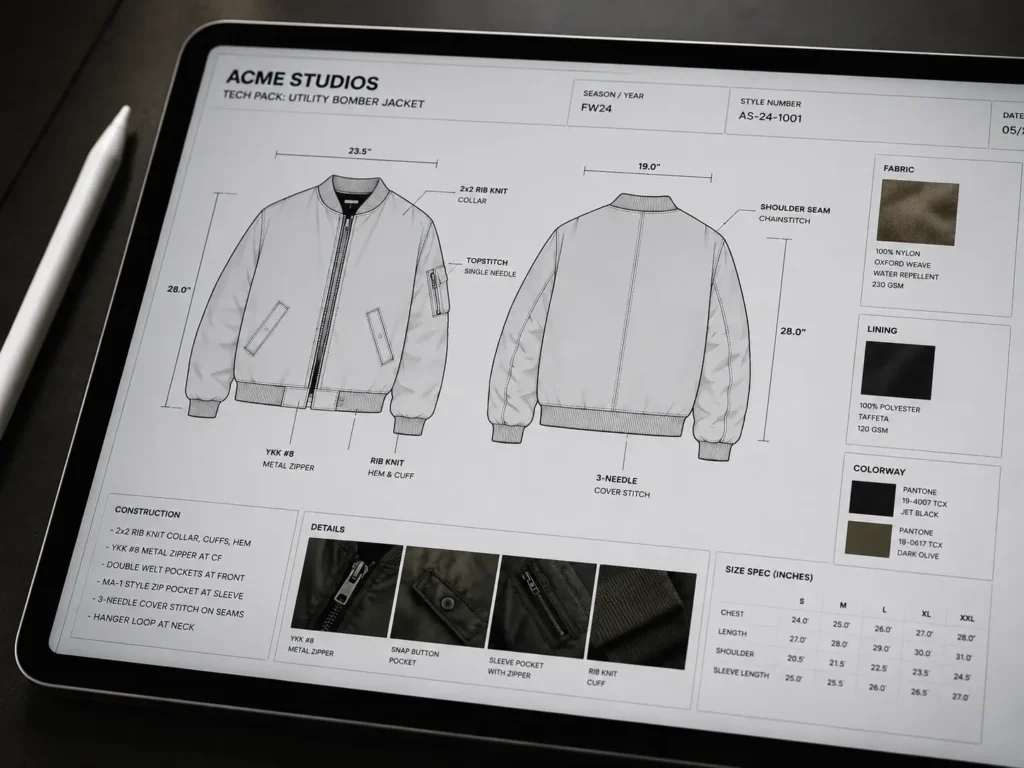 Close-up of a digital fashion tech pack on a tablet screen, displaying technical vector line drawings, measurement callouts, and garment specifications