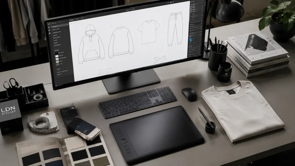 A modern clothing designer's workspace featuring a computer screen displaying vector fashion templates in Adobe Illustrator
